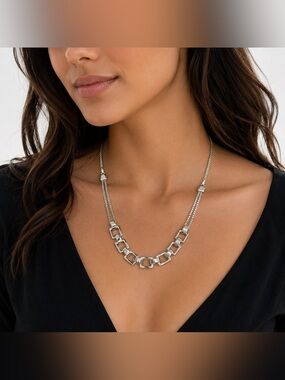 Dana Buchman Silver Geometric Link Statement Necklace Adjustable Chain